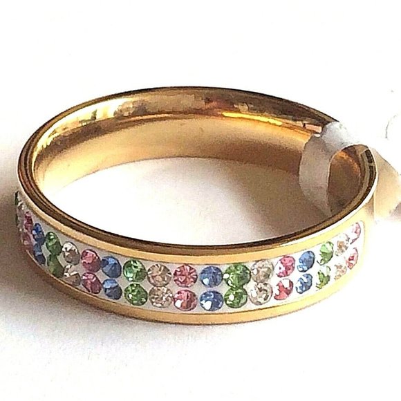 Gold Eternity Band Ring Size 6 8 9 10 11 Pink Blue Green Plated Stackable - Picture 6 of 10